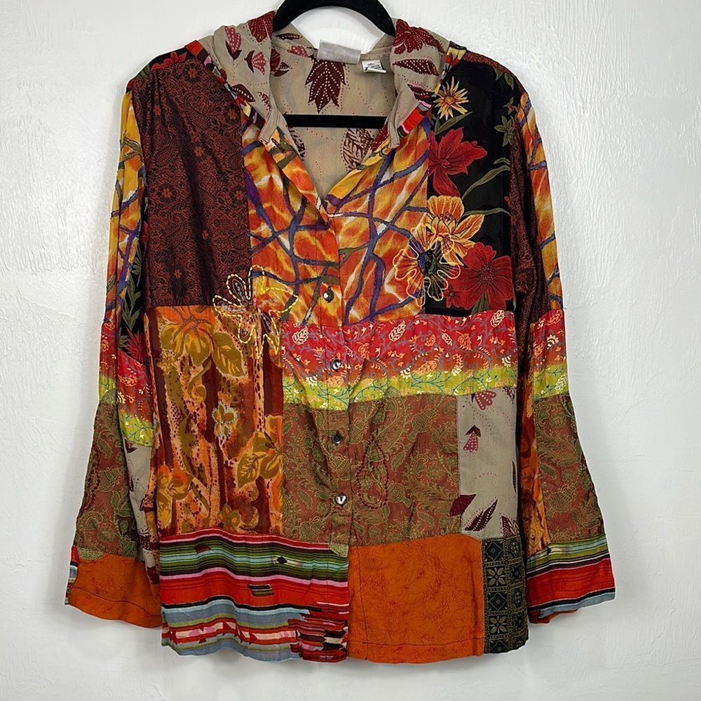 Chico's Design Patchwork Hooded Colorful Floral P… - image 1